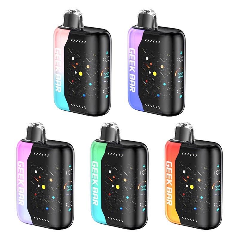 Five Geek Bar Pulse X disposable vapes in assorted colors