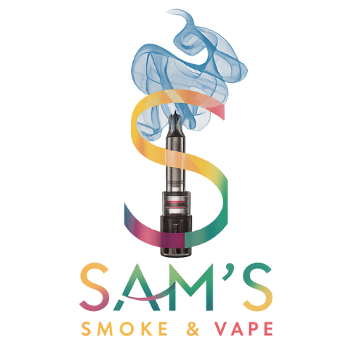 Colorful vape shop logo with stylized smoke swirling around a vaping device
